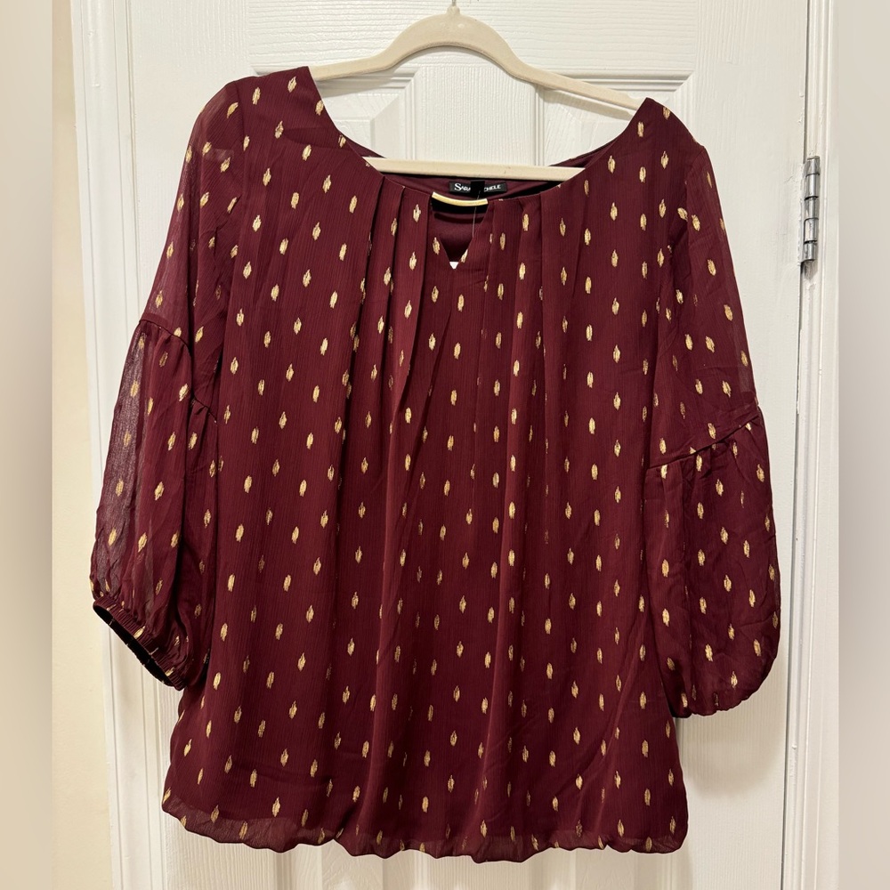 Sara Michelle Burgundy Blouse with Gold Dot Print